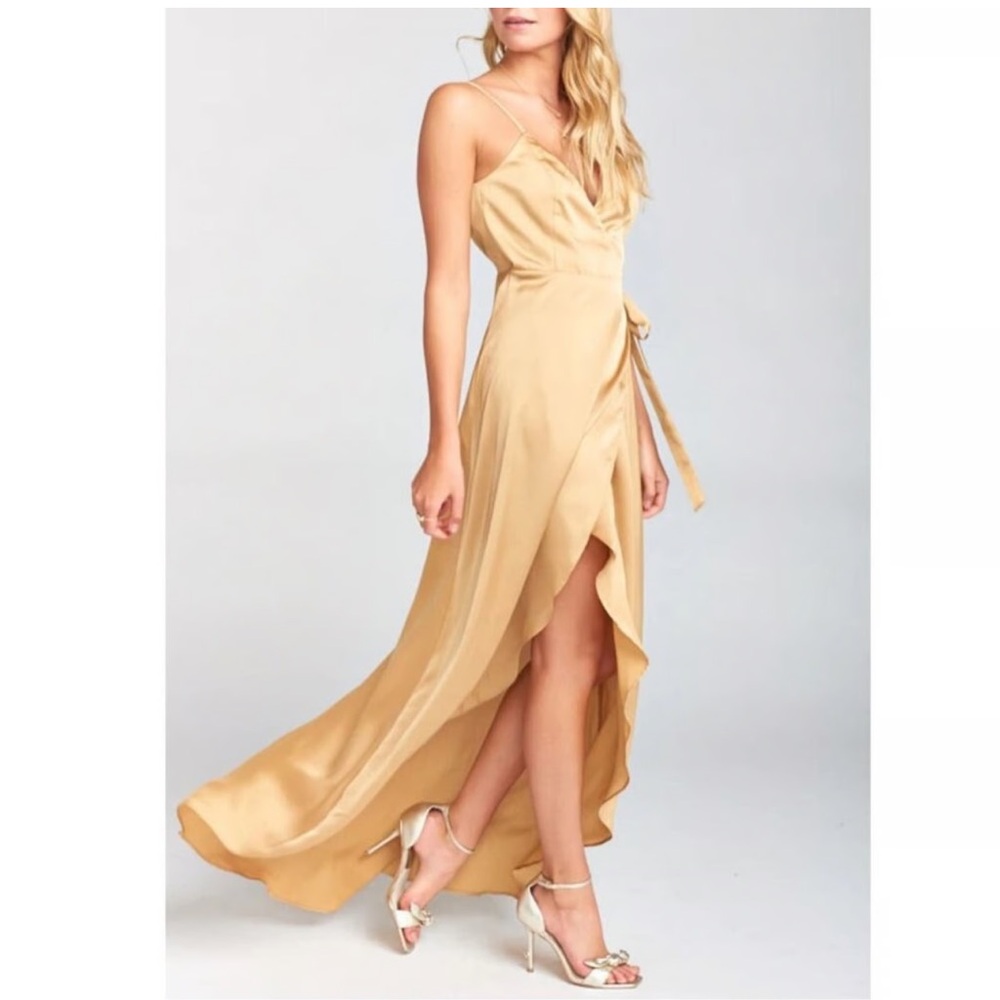 NWT Show Me Your MuMu weddings Mariah wrap true gold luxe satin S maxi dress